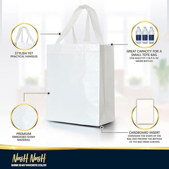 White Gift Bags Medium Size–Set of 12 Shiny White Reusable Gift Bags With Handle - Picture 2 of 4